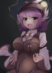  1girl absurdres animal_ears bird_wings blush breasts brooch d: dress dress_shirt fang hands head_wings highres impossible_clothes jewelry large_breasts moon mystia_lorelei open_mouth purple_hair shirt solo takashi_(nekoro) touhou winged_hat wings yellow_eyes 