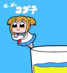  1girl :3 bkub blue_background brown_hair commentary_request crossed_arms cup drinking_glass poptepipic popuko school_uniform serafuku sidelocks simple_background solo translation_request two_side_up yellow_eyes 
