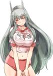  1girl breasts buruma ex-keine gym_uniform horns impossible_clothes impossible_shirt kamishirasawa_keine large_breasts long_hair navel red_eyes shirt silver_hair smile solo touhou translation_request very_long_hair yohane 