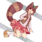  1girl animal_ears brown_eyes brown_hair futatsuiwa_mamizou glasses leaf leaf_on_head niwatori_(shimatori042) raccoon_ears raccoon_tail sandals shirt short_hair skirt tail touhou vest 