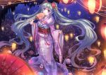  1girl absurdly_long_hair aqua_hair beads blue_eyes blush candle candlelight cityscape earrings fan floating_hair floral_print flower from_above full_body hair_flower hair_ornament hatsune_miku japanese_clothes jewelry kimono lampion light long_hair looking_at_viewer looking_up miazi night night_sky paper_fan parasol reflection ribbon sash sky smile solo standing standing_on_water star_(sky) starry_sky uchiwa umbrella very_long_hair vocaloid water wax white_legwear wide_sleeves 