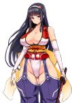  1girl bare_shoulders black_hair blue_eyes blush breasts cleavage elbow_gloves food fruit gloves groin hair_ornament hairband hairclip highleg ishimura_(ishimura-ya) large_breasts long_hair looking_at_viewer original peach solo sword thighs weapon 