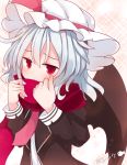  1girl alternate_costume bat_wings beni_shake blue_hair blush bow hat hat_ribbon long_sleeves mob_cap necktie red_bow red_eyes red_ribbon remilia_scarlet ribbon scarf scarf_over_mouth short_hair solo touhou wings 