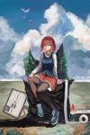  1girl absurdres bird blue_eyes clouds garden_gnome highres igugugugu pantyhose redhead school_uniform seagull shoes sign sitting sneakers solo toilet_paper 