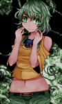  1girl aoshima commentary_request detached_sleeves green_eyes green_hair highres komeiji_koishi looking_at_viewer midriff navel shirt shorts smile solo third_eye touhou 