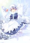  1girl absurdres apron blouse blue_eyes boots etm_(75220988) hat highres letty_whiterock long_sleeves mountain purple_hair scarf short_hair skirt smile snow sunlight touhou tree vest 