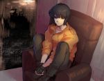  1girl black_hair blue_eyes chair cityscape fingerless_gloves frown full_body ghost_in_the_shell gloves hands_together indoors jacket katsuoboshi kusanagi_motoko legs_up looking_at_viewer pants shoes short_hair sitting solo window 