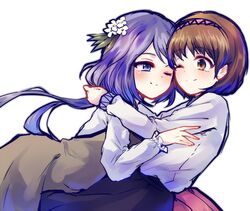  2girls brown_dress brown_eyes brown_hair cheek-to-cheek dress flower hair_flower hair_ornament hairband hug long_hair long_sleeves low_twintails multiple_girls one_eye_closed purple_hair shirt short_hair siblings sisters skirt smile touhou tsukumo_benben tsukumo_yatsuhashi twintails uranaishi_(miraura) very_long_hair violet_eyes 