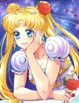  1girl bishoujo_senshi_sailor_moon blonde_hair blue_eyes breasts chin_rest cleavage collarbone crescent double_bun dress earrings facial_mark flower forehead_mark hair_beads hair_flower hair_ornament holding holding_flower jewelry leaning_forward long_hair princess_serenity rose solo tomomiya tsukino_usagi twintails white_dress 