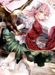  1girl bald_eagle bandaged_arm bandages bird blouse double_bun eagle green_bottomwear green_skirt ibaraki_kasen looking_at_viewer looking_back narinari_0917 open_mouth pink_eyes pink_hair short_sleeves shrine skirt tabard touhou 