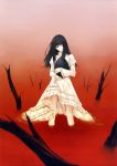  1girl absurdres black_eyes black_hair blood highres holding long_hair looking_at_viewer outdoors solo sugina_miki tree 