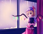  1girl blonde_hair bow doll_hug flandre_scarlet hat hat_bow meng_xiao_jiong mob_cap puffy_short_sleeves puffy_sleeves red_eyes shirt short_sleeves side_ponytail skirt skirt_set snowing solo stuffed_animal stuffed_toy teddy_bear touhou vest window wings 