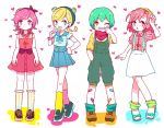  asymmetrical_legwear bandaid_on_leg black_hair blonde_hair blue_eyes bow braid double_bun dress foo_fighters green_hair grin hairband hatake_(hatanosuke) high_heels hot_pants_(sbr) jojo_no_kimyou_na_bouken kuujou_jolyne mouth_pull multicolored_hair nail_polish one_eye_closed overalls pink_dress pink_eyes pink_hair pleated_skirt sailor_dress shirt shoes short_hair skirt smile sneakers socks steel_ball_run striped striped_legwear striped_shirt suspenders trish_una two-tone_hair v yellow_eyes 