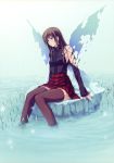  1girl absurdres black_legwear blue_eyes brown_hair center_frills highres long_hair outdoors parted_lips pp:_pianissimo red_skirt shirakawa_ayane sitting skirt soaking_feet solo sugina_miki tears thigh-highs torn_clothes water wings 