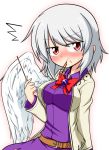  1girl blush dress eating food food_on_face jacket katsumi5o kishin_sagume long_sleeves looking_at_viewer pocky purple_dress red_eyes short_hair simple_background single_wing solo surprised touhou white_background white_hair wings 