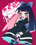  1girl :&gt; blue_eyes blue_hair bow cake character_name food fruit hair_bow hatake_(hatanosuke) holding holding_spoon lolita_fashion makeup mascara panty_&amp;_stocking_with_garterbelt pantyhose solo spoon stocking_(psg) strawberry striped striped_legwear stuffed_animal stuffed_cat stuffed_toy 