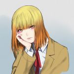  1girl arm_support bangs blonde_hair blunt_bangs brown_hair brown_jacket collared_shirt expressionless grey_background hand_on_own_cheek looking_at_viewer midorikawa_hana parted_lips prison_school red_ribbon ribbon sakamoto_mineji school_uniform shirt short_hair simple_background upper_body white_shirt 