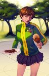  1girl amber_harris brown_eyes brown_hair chicken_(food) food highres holding_food holding_plate jacket meat miniskirt persona persona_4 pin plate pleated_skirt satonaka_chie short_hair skirt solo track_jacket tree 