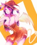 1girl angel_wings bare_shoulders breasts cleavage demon_tail dress fingerless_gloves gloves hat league_of_legends leaning_forward long_hair morgana pointy_ears purple_hair purple_skin red_dress smile solo star_tattoo tail tattoo violet_eyes wings witch_hat 