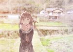  1girl bangs black_skirt blush brown_eyes brown_hair house long_hair long_sleeves original outdoors photo_background power_lines scarf school_uniform serafuku skirt skirt_set solo tree utility_pole_(object) yuu_(plasm) 