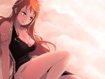  1girl bare_arms bare_legs beads black_dress breasts cleavage clouds cloudy_sky dress earrings expressionless eyelashes jewelry marmalade_(elfless_vanilla) nami_(one_piece) one_piece orange_eyes orange_hair original sitting sky solo 
