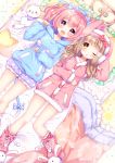  2girls :&lt; :d ;o absurdres animal_ears animal_hood bangs bed_sheet blonde_hair blue_bow blush boots bow breasts bunny_hood cat_ears cat_tail checkered_bow dress eyebrows_visible_through_hair frilled_pillow frilled_shorts frills from_above hair_between_eyes hair_bow hand_on_own_stomach hand_up highres hood hood_down hood_up hoodie large_breasts looking_at_viewer lying medium_breasts multiple_girls natsume_asato on_back one_eye_closed open_mouth original parted_lips pillow pink_hair pom_pom_(clothes) puffy_shorts red_bow rubbing_eyes shorts smile stuffed_animal stuffed_cat stuffed_toy sweater sweater_dress tail tail_bow violet_eyes yellow_eyes 