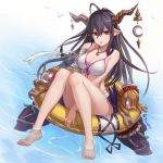  1girl barefoot bikini blush breasts cleavage commentary_request danua doll granblue_fantasy hair_between_eyes horn_ornament horns jewelry large_breasts lemoo long_hair looking_at_viewer navel open_mouth pointy_ears purple_hair red_eyes saliva_swap solo swimsuit 