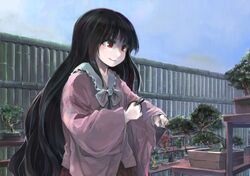  1girl black_hair bonsai brown_eyes clouds cloudy_sky fence garden houraisan_kaguya ichiba_youichi long_hair long_sleeves red_eyes scissors sky smile solo touhou very_long_hair wide_sleeves 