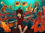  1girl brown_eyes brown_hair hat instrument lyrica_prismriver open_mouth solo touhou trumpet violin yajirushi_(chanoma) 