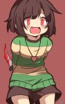  :d androgynous big_cat_shan blood bloody_knife bloody_weapon blush brown_hair chara_(undertale) crazy_eyes fang heart heart_necklace jewelry knife necklace open_mouth red_eyes shirt shorts smile solo striped striped_shirt tagme undertale weapon 