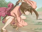  1girl bare_legs brown_hair drawing_sword feet fighting_stance geta japanese_clothes kageng katana kimono long_hair obi original ponytail sandals sash sword weapon 