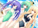  3girls 77 beach black_swimsuit blonde_hair breasts brown_eyes casual_one-piece_swimsuit cleavage covered_navel drill_hair game_cg green_hair green_swimsuit hair_ornament highres koshimizu_rin long_hair looking_at_viewer mikagami_mamizu multiple_girls narukami_aoi ocean one-piece_swimsuit open_mouth outdoors pink_eyes purple_hair school_swimsuit smile stella_(77) swimsuit tenmaso twintails very_long_hair white_school_swimsuit white_swimsuit yellow_eyes 