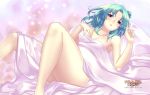  1girl 2010 agarest_senki_(series) agarest_senki_zero aqua_hair armpits bed_sheet blue_eyes company_name copyright_name friedelinde_(agarest_senki_zero) hair_bun hair_half_undone highres hirano_katsuyuki logo lying naked_sheet nude official_art pink_background short_hair solo 