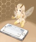  1girl blonde_hair cellphone covered_navel fairy fairy_wings horns mootor phone pointy_ears smartphone solo wings 