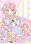  artist_request bow bubble cake candy character_request eyeball food fork gift hair_ribbon heart jam looking_at_viewer maid maid_headdress marmalade ribbon striped striped_background stuffed_animal stuffed_toy teddy_bear too_many too_many_frills yellow_eyes 