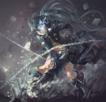  1girl avamone bikini_top black_clothes black_gloves black_rock_shooter black_rock_shooter_(character) blue_eyes chain debris gloves gun highres minigun open_clothes open_shirt shirt signature solo weapon 