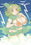  1girl bra breasts ghost_tail green_hair hat highres large_breasts orange_bra orange_eyes orange_panties panties plump short_hair soga_no_tojiko solo tate_eboshi thunder touhou tsuutenkaaku underwear 