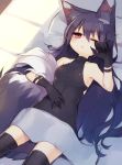  1girl :&lt; animal_ears bare_shoulders black_legwear blanket fingernails fox_ears fox_tail futon gloves hand_on_own_stomach long_hair lying muryou on_back one_eye_closed original pillow red_eyes sharp_fingernails shirt small_breasts solo tail tears thigh-highs tight_shirt very_long_hair wiping_tears 
