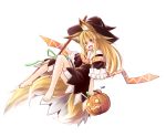  1girl :d absurdres animal_ears barefoot blonde_hair broom candy fang fox_ears fox_tail halloween halloween_costume hat highres jack-o&#039;-lantern lollipop long_hair multiple_tails open_mouth original red_eyes senbon smile solo tail transparent_background two_tails witch witch_hat 