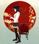  1girl akitsu_maru_(kantai_collection) black_hair bonsai breasts eight_tohyama floral_print full_body gradient gradient_background hat kantai_collection loafers plant pleated_skirt shoes short_hair skirt smile solo standing thigh-highs vest zettai_ryouiki 