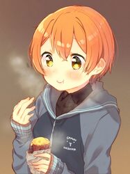  1girl breath clothes_writing collared_shirt eating food green_eyes hooded_jacket hoshizora_rin jacket love_live!_school_idol_project mofun orange_hair romaji shirt short_hair sleeves_past_wrists smile sweet_potato tagme yakiimo 