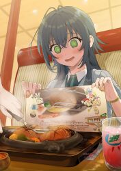  1girl 1other @_@ absurdres antenna_hair ayuppe blush commentary_request drink drooling fingernails gakuen_idolmaster green_eyes green_hair hair_flaps hamburger_steak highres holding holding_paper idolmaster long_hair paper restaurant saliva steam sweat tsukimura_temari very_long_hair 