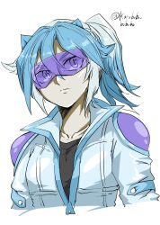  1girl absurdres black_shirt blue_hair blue_jacket collarbone goggles high_ponytail highres jacket karubobo long_hair personification ponytail purple-tinted_eyewear shirt simple_background solo stardust_dragon tinted_eyewear twitter_username upper_body white_background white_jacket yu-gi-oh! 