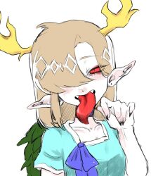  1girl blue_dress bow brown_hair choker dress fangs fingernails hair_over_one_eye haniwa_kue horns kicchou_yachie long_tongue medium_hair open_mouth portrait red_eyes scales sharp_fingernails short_sleeves solo square_neckline tongue touhou turtle_shell upper_body very_long_ears white_background 