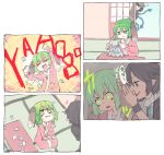  2girls :i :t anger_vein angry animal_ears asymmetrical_wings black_hair blush card closed_eyes comic dress focused glowing glowing_eyes green_eyes green_hair grin highres houjuu_nue house_of_cards kasodani_kyouko long_sleeves looking_at_another multiple_girls open_mouth pink_dress pointy_ears pout profile red_eyes short_hair shouting sitting smile text touhou translated trolling wavy_mouth whispering wings wrist_cuffs yunuki_uta 