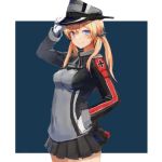  1girl absurdres anchor_hair_ornament blonde_hair blue_background blue_eyes breasts cowboy_shot gloves hair_ornament hand_on_headwear hand_on_hip hat highres iron_cross kantai_collection long_hair looking_at_viewer microskirt military military_uniform peaked_cap prinz_eugen_(kantai_collection) revision simple_background skirt solo twintails uehara_(ueharahaue) uniform white_border white_gloves 
