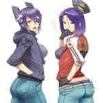  2girls ass breasts casual cigarette clothes_writing denim eyepatch gloves headgear highres jeans kantai_collection looking_back mechanical_halo mob3 multiple_girls panties pants purple_hair short_hair smoking tatsuta_(kantai_collection) tenryuu_(kantai_collection) underwear violet_eyes whale_tail 
