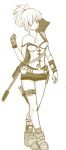  1girl asymmetrical_clothes boots bracelet breasts bullet character_request cleavage copyright_request dog_tags fingerless_gloves full_body gloves gun hair_over_one_eye hair_tie jewelry knife monochrome p_(pdrawswifus) pointy_ears ponytail pouch short_shorts shorts socks solo strap_slip weapon 