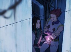  2boys black_eyes black_hair closed_mouth dated earrings facial_mark green_shirt hisoka_morow hunter_x_hunter illumi_zoldyck jewelry male_focus multiple_boys red_hair shakikashi shirt signature star_(symbol) star_facial_mark teardrop_facial_mark yellow_eyes 