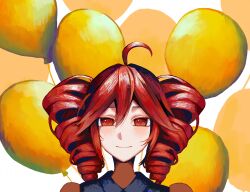 1girl abimaru087 ahoge balloon birthday black_shirt blush double-parted_bangs drill_hair hair_between_eyes hashtag-only_commentary highres kasane_teto portrait red_eyes red_hair shirt smile solo straight-on too_many_balloons twin_drills twintails utau white_background